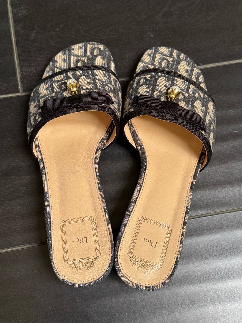 Women's Navy Canvas Oblique Monogram Dior Logo with Bow Sandals size 8.5-9 - Picture 3 of 9